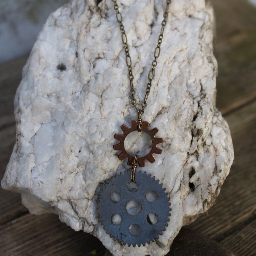 NEW Handmade Long Copper Gear Disc Pendant Drop 22" Necklace